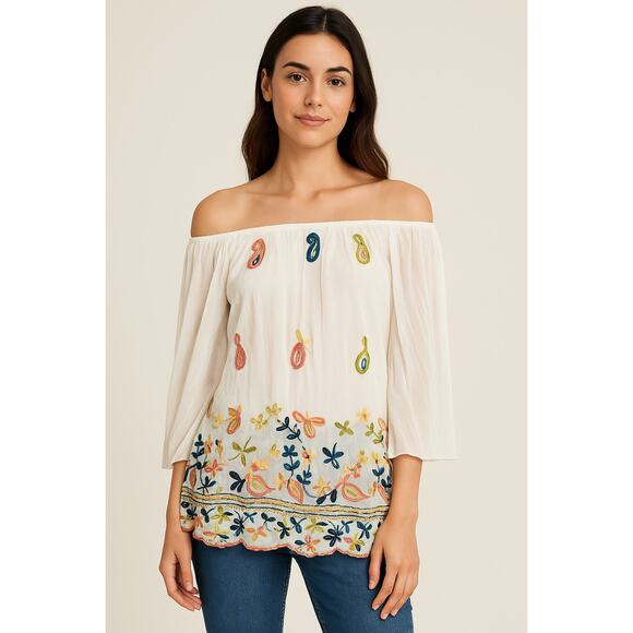 Meo Meli Made in‎ Italy Embroidered Off Shoulder Boho Blouse White Silk Blend - Picture 1 of 6